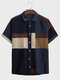 Mens Color Block Patchwork Lapel Casual Short Sleeve Shirts - Dark Blue