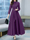 Women Solid Stand Collar Long Sleeve Casual Maxi Dress With Belt - Purple