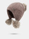 Women Rabbit Fur Knitted Plus Velvet Ear Protection Solid Letter Metal Label Fur Ball Decoration Warmth Beanie Hat - Khaki