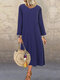Stitching Frog Button Long Sleeve Plus Size Vintage Dress - Blue