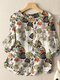 Allover Plants Print Button Front 3/4 Sleeve Crew Neck Blouse - Yellow