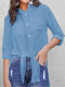 Split Solid Color Knot Front Pockets Plus Size Long Shirt  - Blue