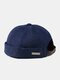 Unisex Cotton Solid Color Letter Metal Label Fashion Sunshade Crimping Brimless Beanie Landlord Cap Skull Cap - Navy