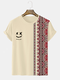 Mens Smile Ethnic Geometric Print Crew Neck Short Sleeve T-Shirts - Apricot