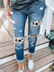 Women Football Print Patchwork Ripped Mid Waist Denim Jeans - Blue