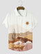 قمصان رجالي بأكمام قصيرة مطبوعة بمناظر الصحراء من الصبار - أبيض