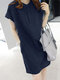 Solid Pocket Button Front Casual Dress With Belt - Navy