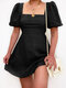 Solid Square Collar Puff Sleeve Casual Cotton Midi Dress - Black