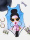 Mulheres Cool Girl Figura Padrão Gola alta sem mangas One Peças de maiôs de férias - Azul claro