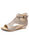 Plus Size Women Back-zip Soft Comfy Breathable Hollow Rhinestone Embellished Flat Sandals - Beige