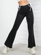 Solid Pocket Lace Up Casual Flare Leg Pants - Black