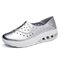 Leather Hollow Out Rocker Sole Slip On Platform Shoes - Silver