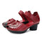 Women Casual Comfy Leather Hollow Hook Loop Open Toe Chunky Heel Sandals - Red