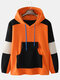 Mens Patchwork Color Block Woolen Cotton Kangaroo Pocket Plush Hoodie - Orange