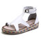 Plus Size Women Microfiber Buckle Strap Clip Toe Straw Flat Sandals - White
