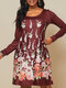 Floral Printed Long Sleeve O-neck Midi Dress - Wine Red