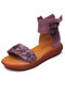 SOCOFY genuine leather floral round toe back zipper flat platform sandals for women - Purple