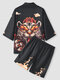 Mens Animal Back Print Open Front Kimono Street Two Pieces Outfits - Black