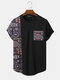 Mens Vintage Geometric Print Patchwork Curved Hem Short Sleeve T-Shirts - Black