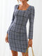 Plaid Square Collar Long Sleeve Tweed Casual Dress For Women - Blue