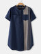 Casual Patchwork Short Sleeve Plus Size Long Shirt - Blue