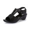 Large Size Front Zipper Peep Toe Casual Wedges Sandals - Black