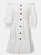 Sexy Off Shoulder Ruffle Button Short Sleeve Mini Dress - White