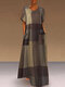Print Plaid Short Sleeve Plus Size A-line Dress with Pockets - Khaki