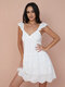 Solid Eyelet Embroidery Cap Sleeve Button V-neck Dress - White