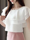 Blusa feminina em camadas Design com gola redonda sólida casual - Branco
