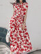 Flower Print Button Front V-neck Casual Dress With Belt - Red