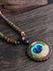 Vintage Bohemian Feather Tower Pattern Round Oval Shape Pendant Wooden Beaded Plastic Resin Necklace - #04