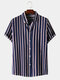 Mens Casual Striped Button Up Lapel Short Sleeve Shirt - Blue