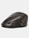 Men's Solid Artificia Leather Letters Embroidery Sewing Thread Casual Warmth Newsboy Cap Beret Flat Cap - Black