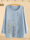 Floral Embroidery Button O-neck Long Sleeve Blouse - Light Blue