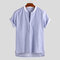 Mens 100% Cotton Breathable Striped Loose Short Sleeve Casual Designer Henley Shirts - Blue