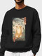 Mens Japanese Cat Landscape Ukiyoe Print Crew Neck Pullover Sweatshirts - Black