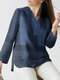 Blusa casual manga longa com decote em V e fenda xadrez - azul