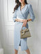 Women Solid Pleated Split Hem 3/4 Sleeve Blazer Dress - Blue