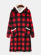 Mens Check Double Pocket Flannel Plush Lined Warm Oversized Blanket Hoodie Robes - Red