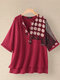 Blusa vintage con estampado de patchwork dividida irregular Plus talla - rojo