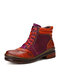 Socofy Vintage Comfy Floral Embossed Leather Patchwork Lace-up Flat Short Combat Boots - Orange
