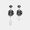 Trendy Metal Black Conch Dripping Pearl Earrings Asymmetric Rhinestone Pendant Earrings - Black