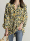 Allover Floral Print Drawstring Waist Puff Sleeve Blouse - Yellow