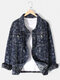 Mens Oriental Chinese Name Print Double Pockets Lapel Daily Denim Jacket - Blue