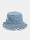 Unisex Denim Distressed Frayed Edge Vintage Trendy Outdoor Sunshade Foldable Bucket Hats - Blue