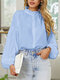 Solid Color Lantern Long Sleeeve Button Pleated Blouse For Women - Blue