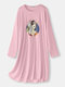 Plus Size Women Ribbed National Style Graphic Print Long Sleeve Nightdress Pajamas - Pink