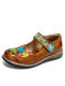 Socofy Genuine Leather Hand Made Retro Ethnic Colorful Flowers Hollow Soft Comfy Mary Jane Flat Shoes - Brown