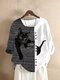 Black Cat Patched Print Long Sleeve O-neck White Striped T-Shirt - White